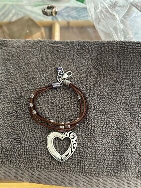 Silver Heart Leather Wrap Bracelet - Brown